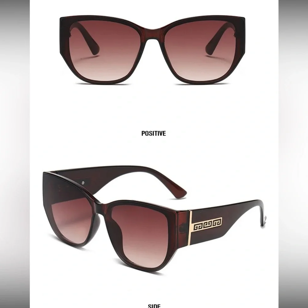 Brown Cat Eye Sunglasses with Gold Geometric Arm Detail